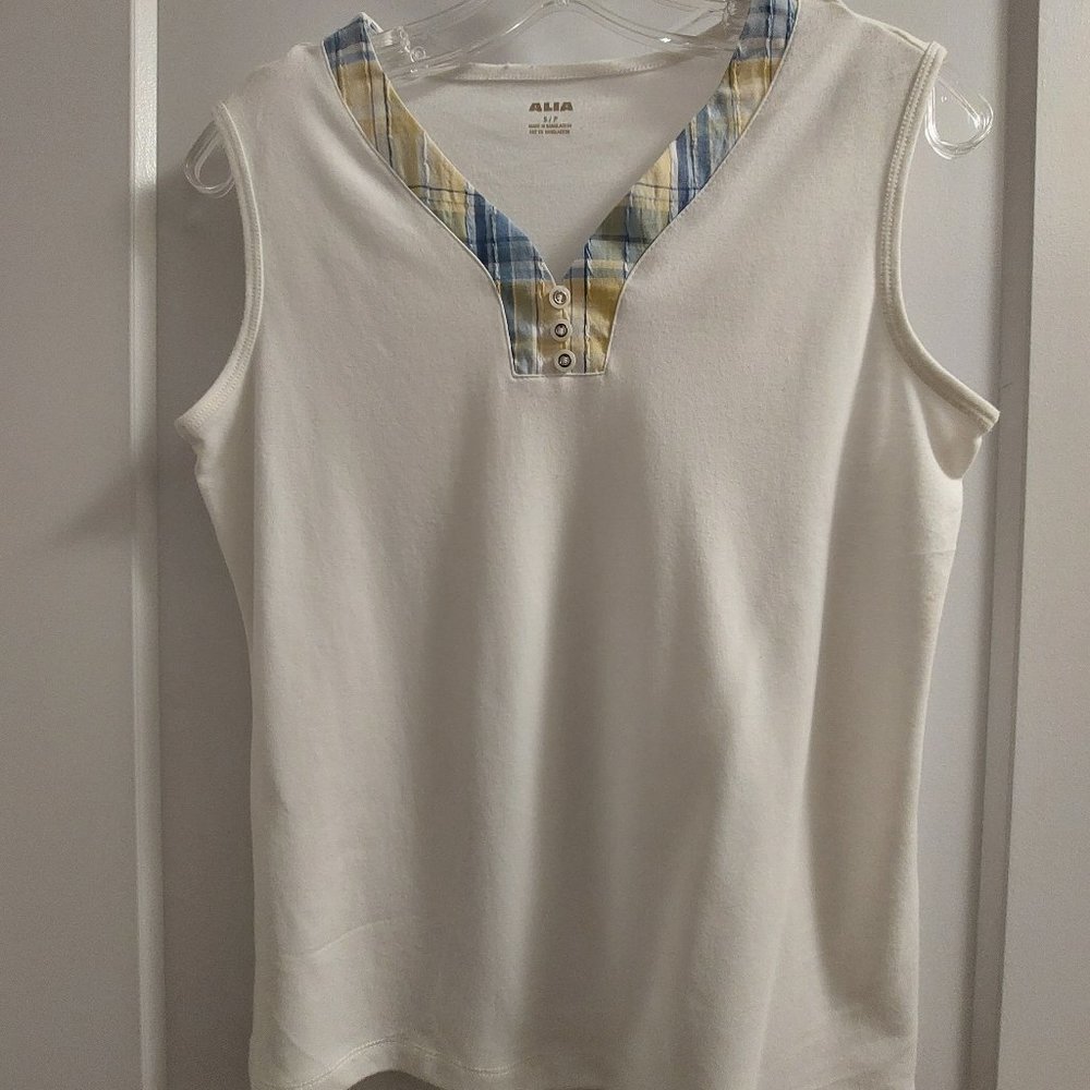 ALIA Women's Cotton-Blend Sleeveless Top with Plaid Neckline Trim - Sz S/P